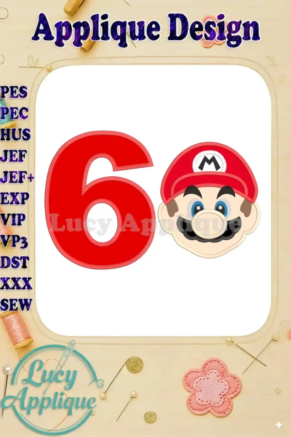 Main image showcasing a vibrant applique design featuring the iconic Super Mario head and the number 6, ideal for a 6th birthday celebration.