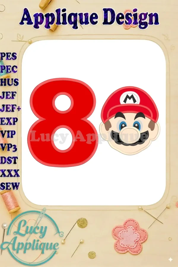 Embroidery design featuring Super Mario's head and the number 8, perfect for an 8th birthday celebration. Applique design shown with color chart.