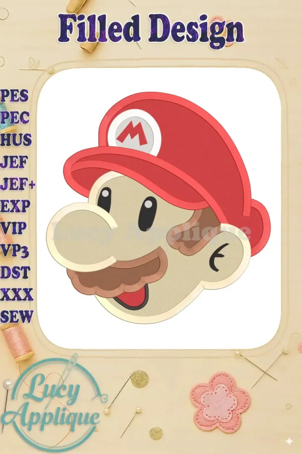 Embroidery design of Super Mario's head, filled stitch, red cap, brown mustache, pixel art style. High-quality design in various formats.