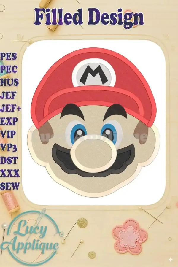 Embroidery design of Super Mario's head, filled stitch style. Includes various file formats like PES, JEF, and more. Perfect for machine embroidery projects.