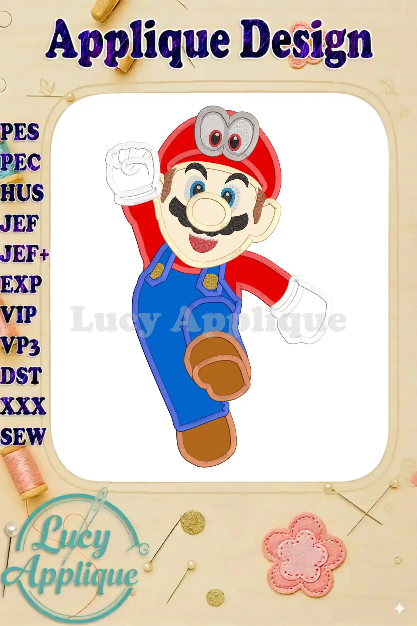 A vibrant applique embroidery design of Super Mario from Super Mario Odyssey, ready to be stitched. The design is detailed and features Mario's iconic overalls and cap.
