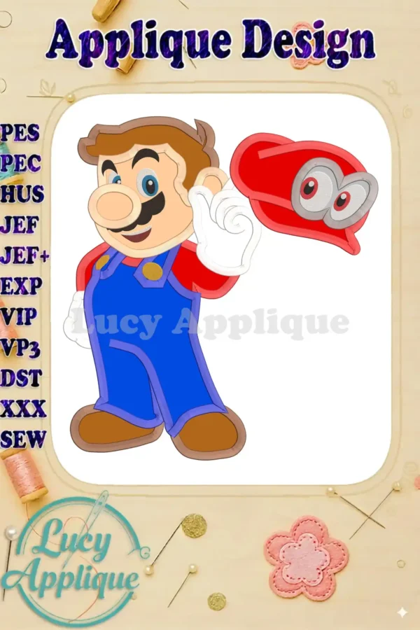 Super Mario Odyssey applique embroidery design showcasing Mario holding a Cappy. Detailed illustration, ready-to-stitch, various file formats included.