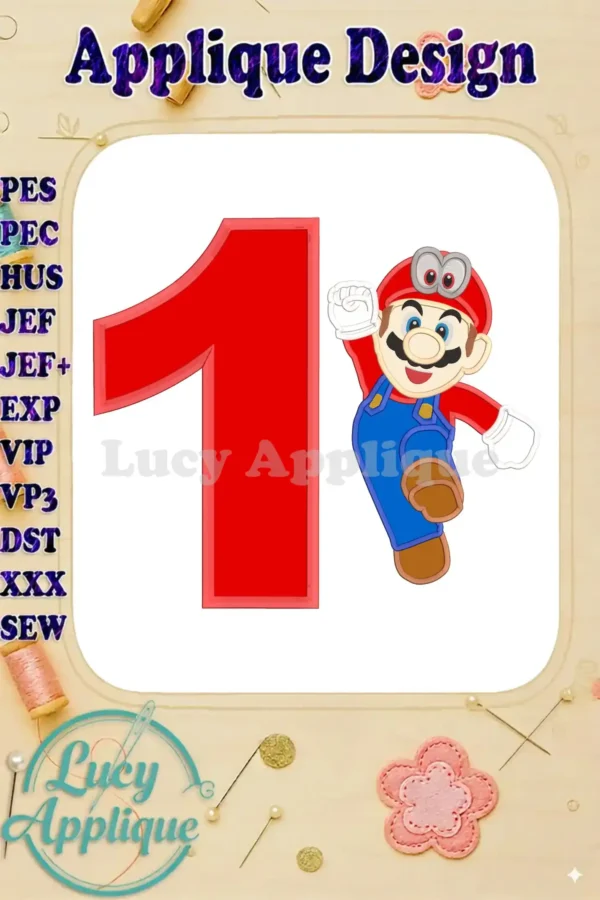 Super Mario Odyssey birthday applique design featuring the number 1 and Mario in his signature outfit. Perfect for a first birthday celebration.