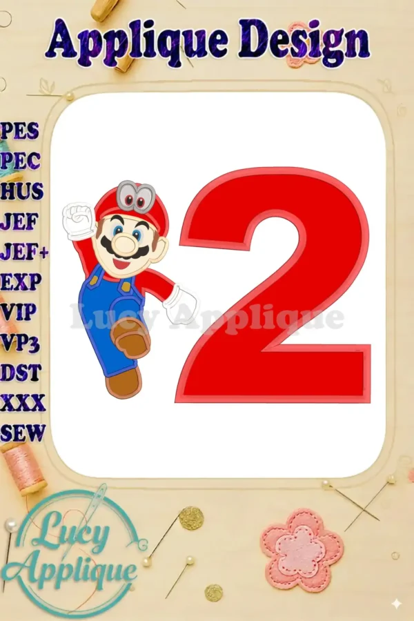 Embroidery design featuring Super Mario and the number 2, perfect for a second birthday celebration. Applique style, vibrant colors.