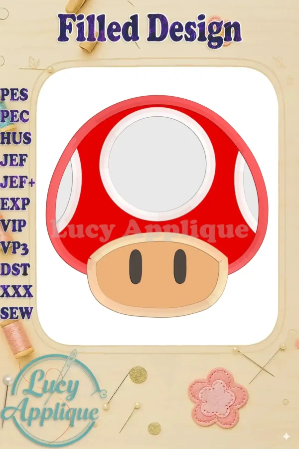 A filled stitch embroidery design of a Super Mario Odyssey mushroom. The design is vibrant red and white, set against a beige background with decorative elements.