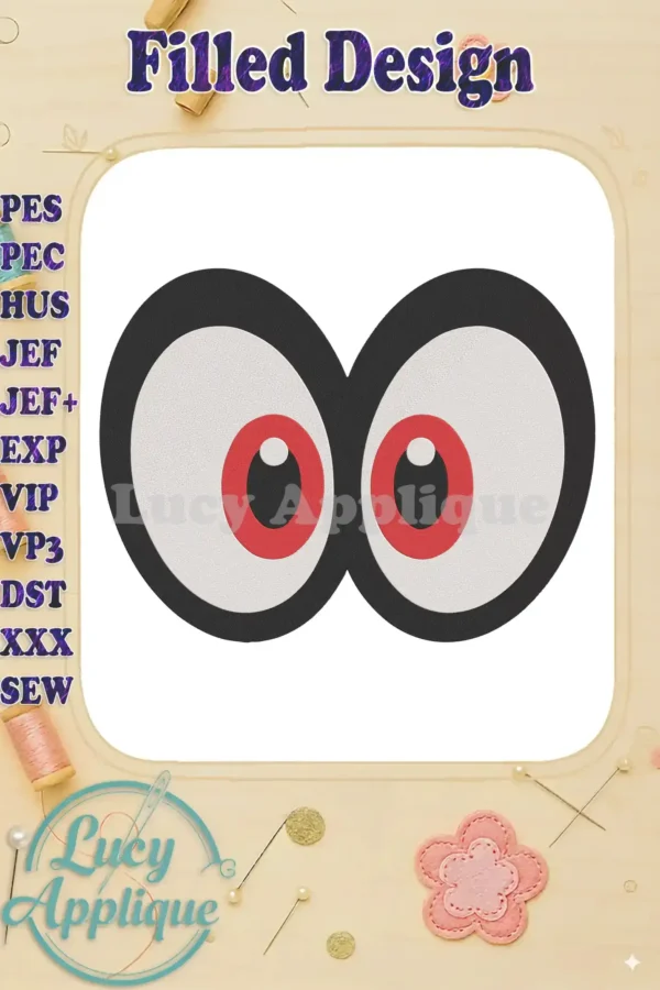 Close-up view of a filled embroidery design of Super Mario Odyssey's eyes. The design showcases red irises and black outlines against a white background.