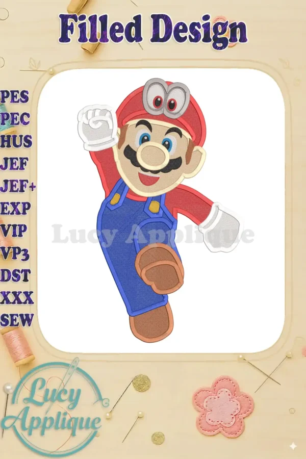 Super Mario Odyssey filled embroidery design. Mario is depicted in his iconic overalls, striking a dynamic pose. High-quality design, perfect for adding a playful touch to any project.
