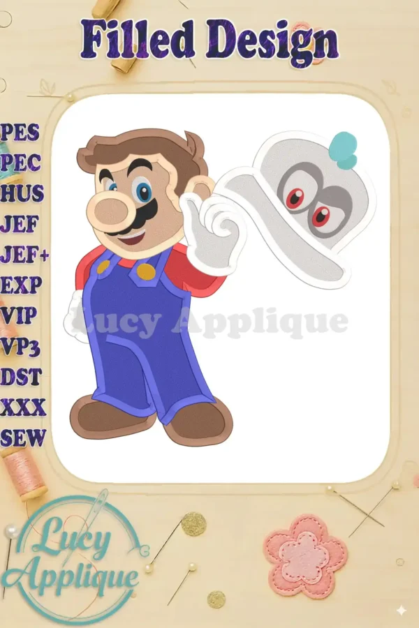 Embroidery design of Super Mario from Super Mario Odyssey holding Cappy's hat. The design is colorful and detailed, perfect for applique projects.