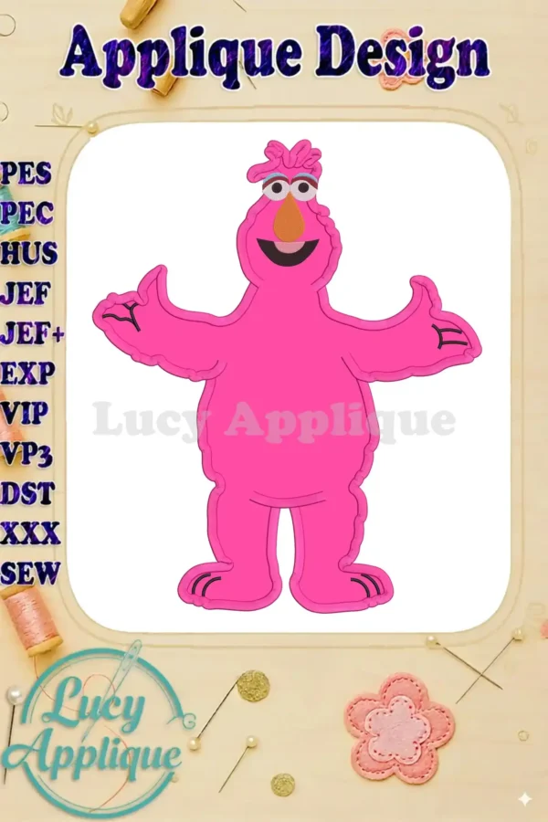 Telly Monster from Sesame Street, a pink applique design, shown in a digital preview with various embroidery file formats listed. Perfect for sewing projects!
