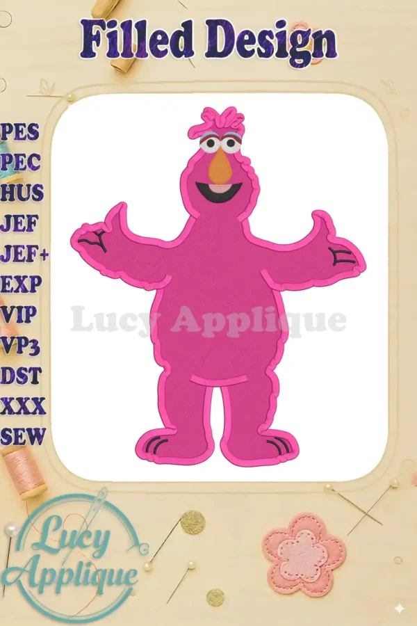 Embroidery design of Telly Monster from Sesame Street. The design is pink and features Telly with arms outstretched. It's a filled design, perfect for applique.