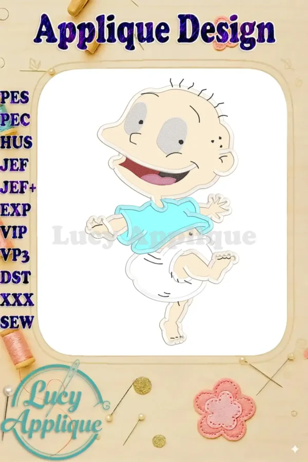 Adorable Tommy Pickles from Rugrats in an applique design, ready to be stitched. The design shows Tommy in his signature outfit, perfect for adding to baby clothes or blankets.
