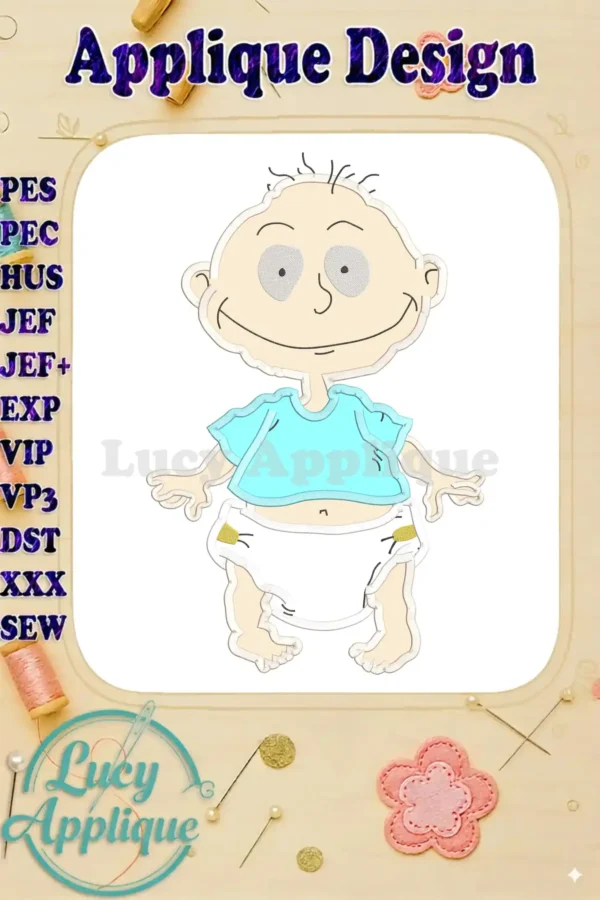 Adorable applique design of Tommy Pickles from Rugrats, showcasing detailed features and a light color palette. Perfect for baby clothes or nursery decor.