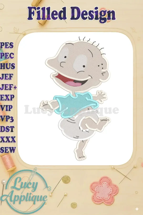 Embroidery design of Tommy Pickles from Rugrats, showcasing a filled stitch style. The design is cheerful and captures Tommy's iconic look.