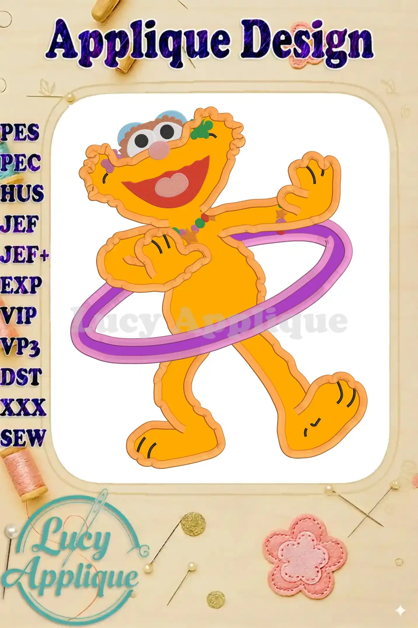 Adorable applique design of Zoe from Sesame Street, joyfully using a Hula Hoop. This colorful design is perfect for kids' clothing and accessories.