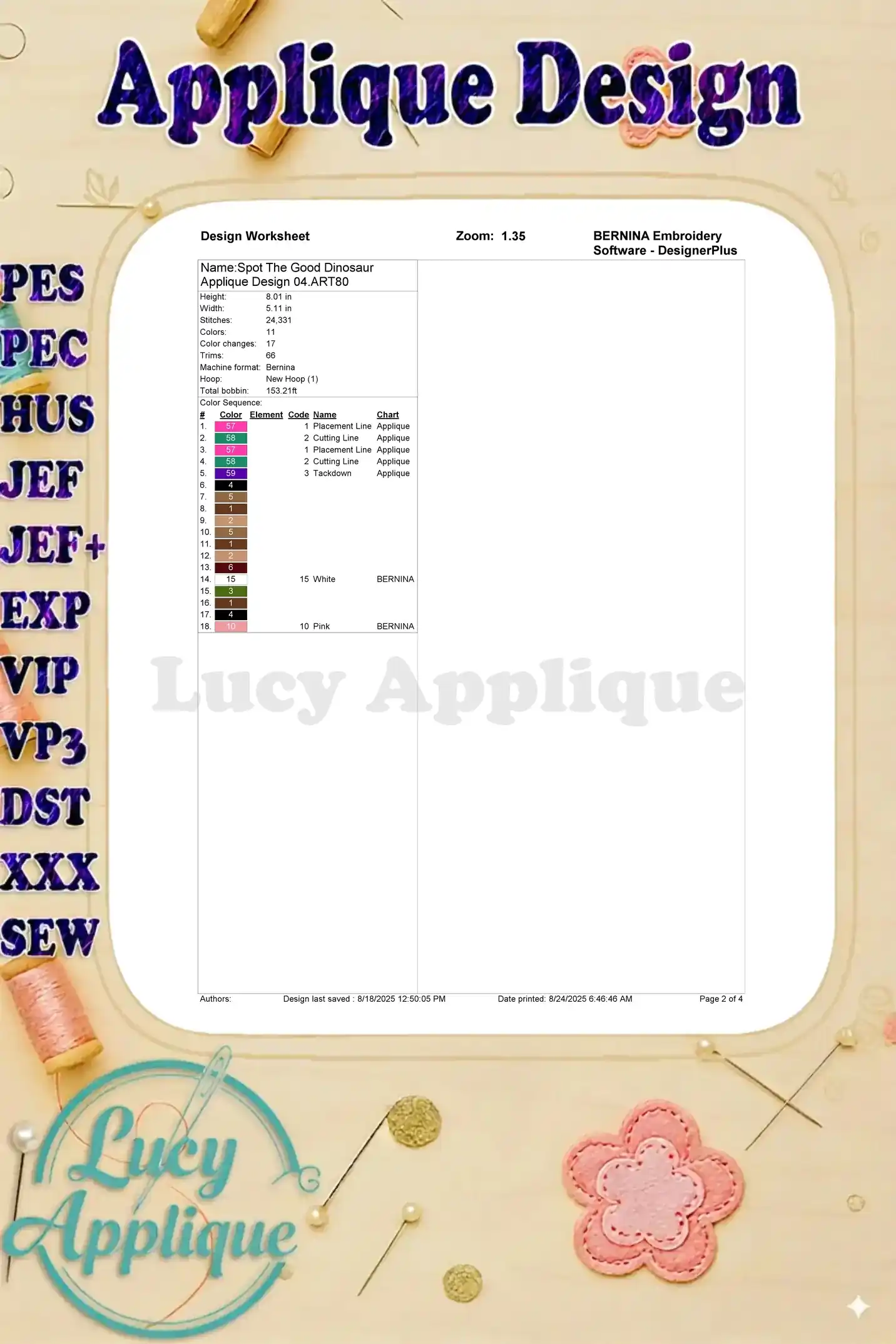 Worksheet for Spot the Good Dinosaur applique design, showing color chart, stitch count, and other essential design details.