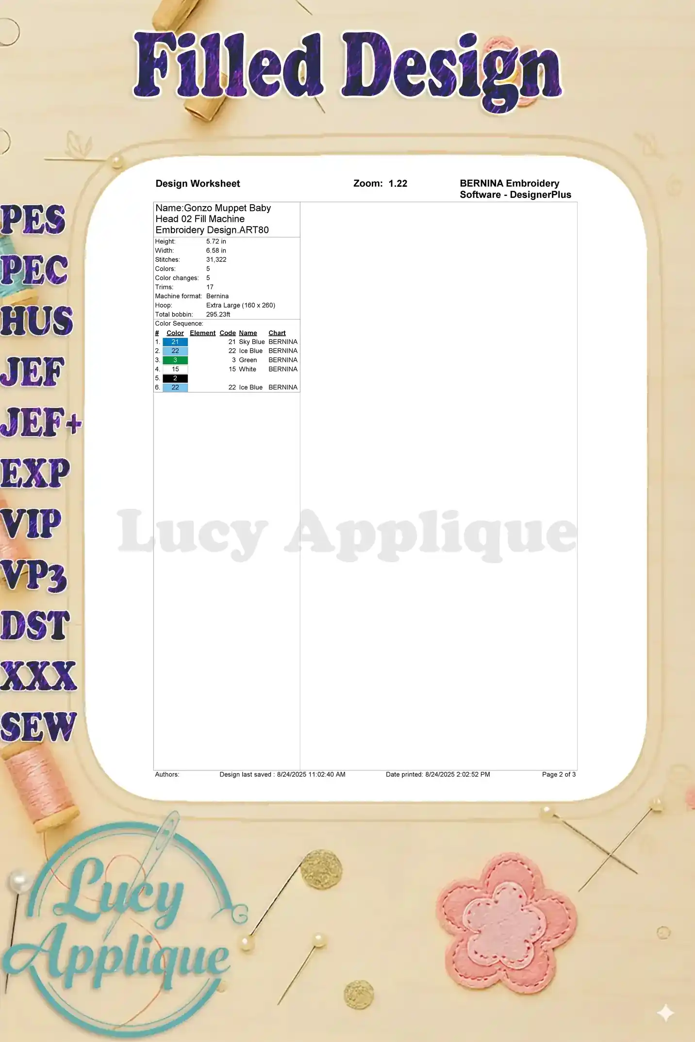 Worksheet for Gonzo Muppet Baby Head embroidery design, showing thread colors, stitch count, and software information. Easy to follow instructions included.