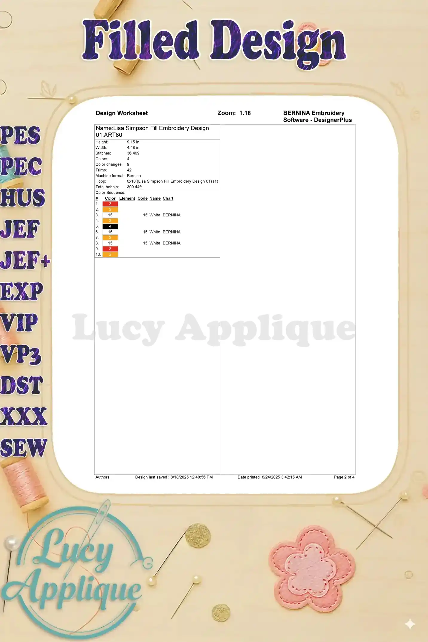 Worksheet for Lisa Simpson embroidery design, showing thread colors, stitch count, and other details needed for embroidery.