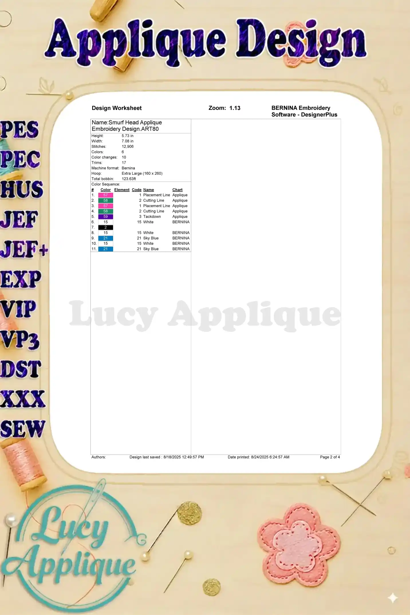 Design worksheet for the Smurf head applique, providing details on stitches, colors, and placement for easy embroidery.