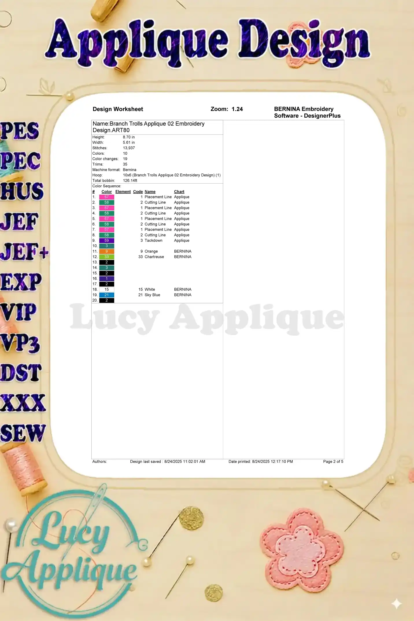 A detailed worksheet for the Branch Trolls applique embroidery design, providing a color chart, stitch count, and other essential information.