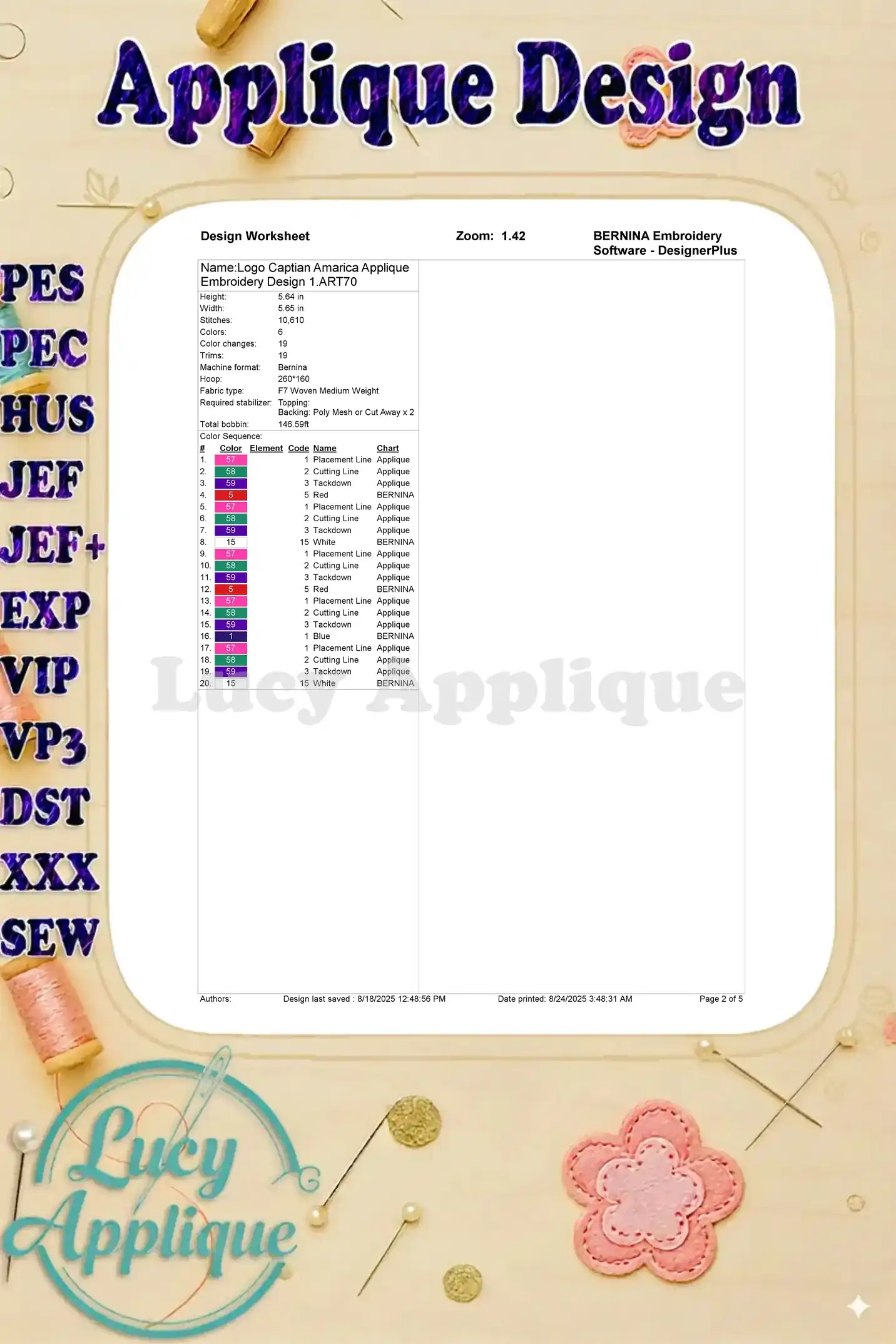 Worksheet for the Captain America applique embroidery design, showing details like stitches, color changes, and materials needed for the project.