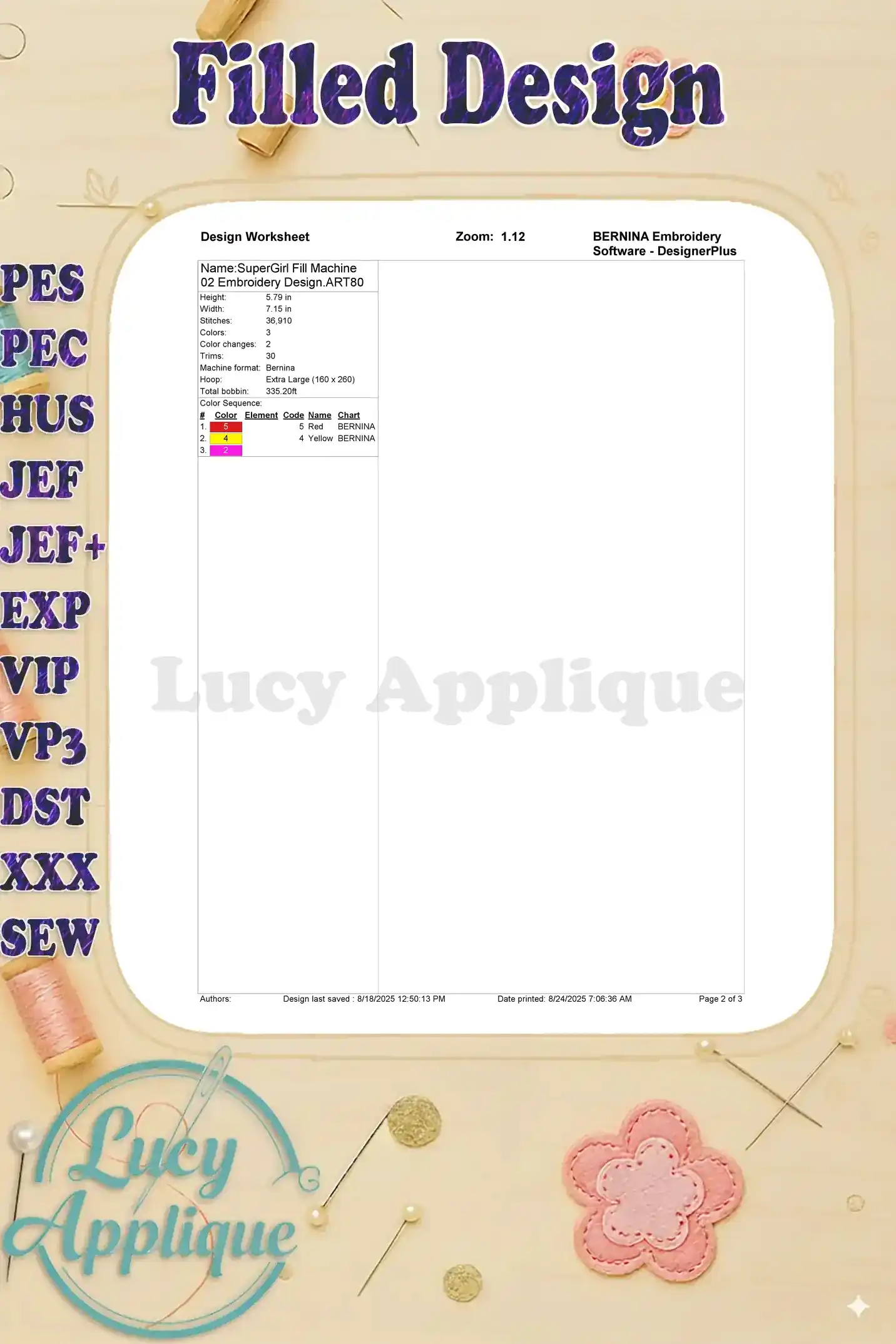 Design worksheet for the Supergirl filled machine embroidery design, providing details on stitches, colors, and machine settings for seamless embroidery.