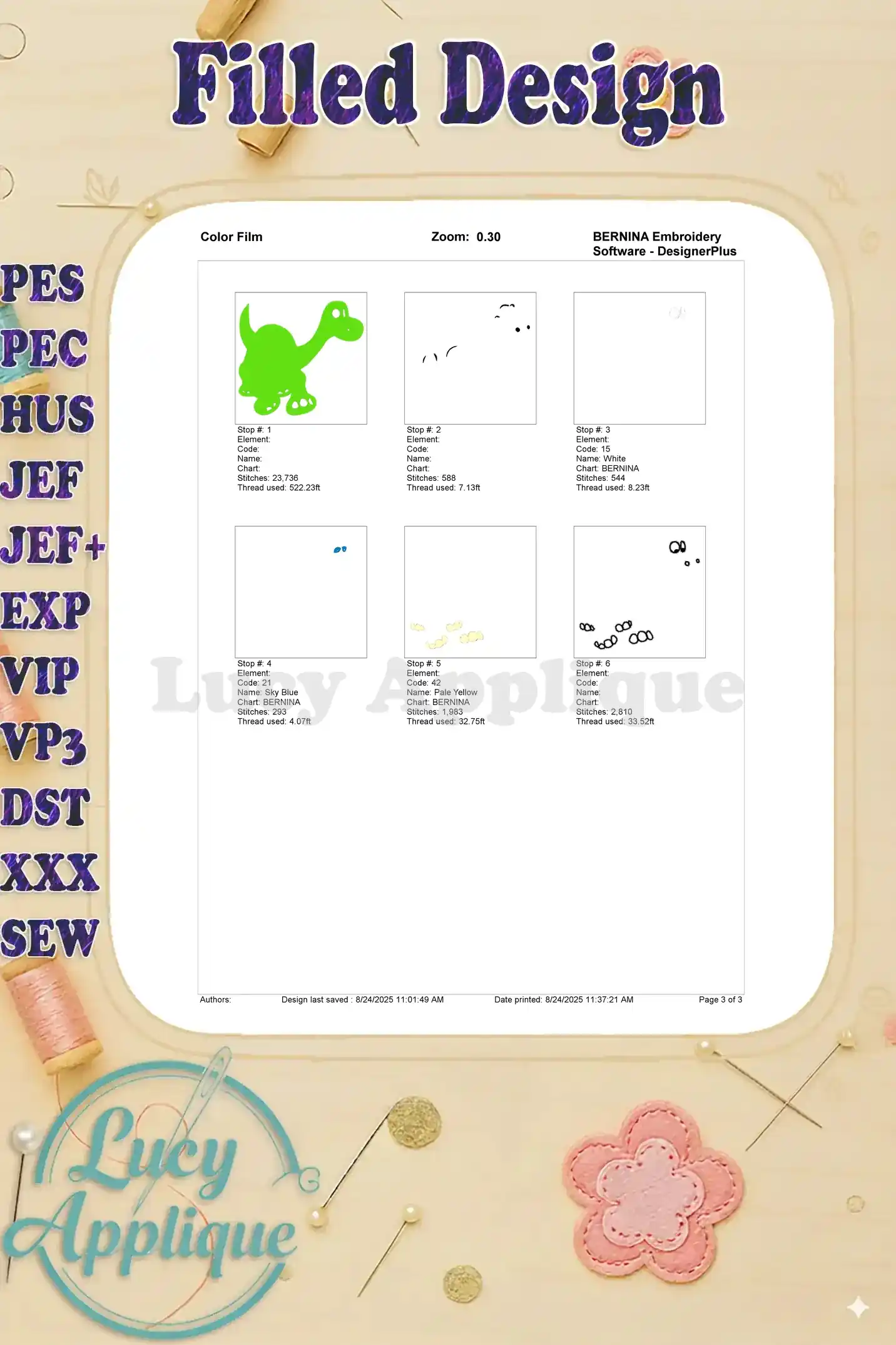 A color film showing thread usage and color sequence for Arlo the Good Dinosaur embroidery design, making the embroidery process more efficient.