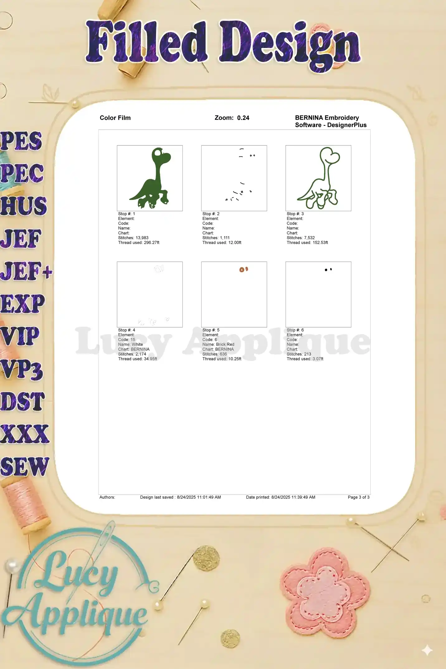 Color film for Baby Arlo embroidery design, showing thread colors and their corresponding stitch sequences.