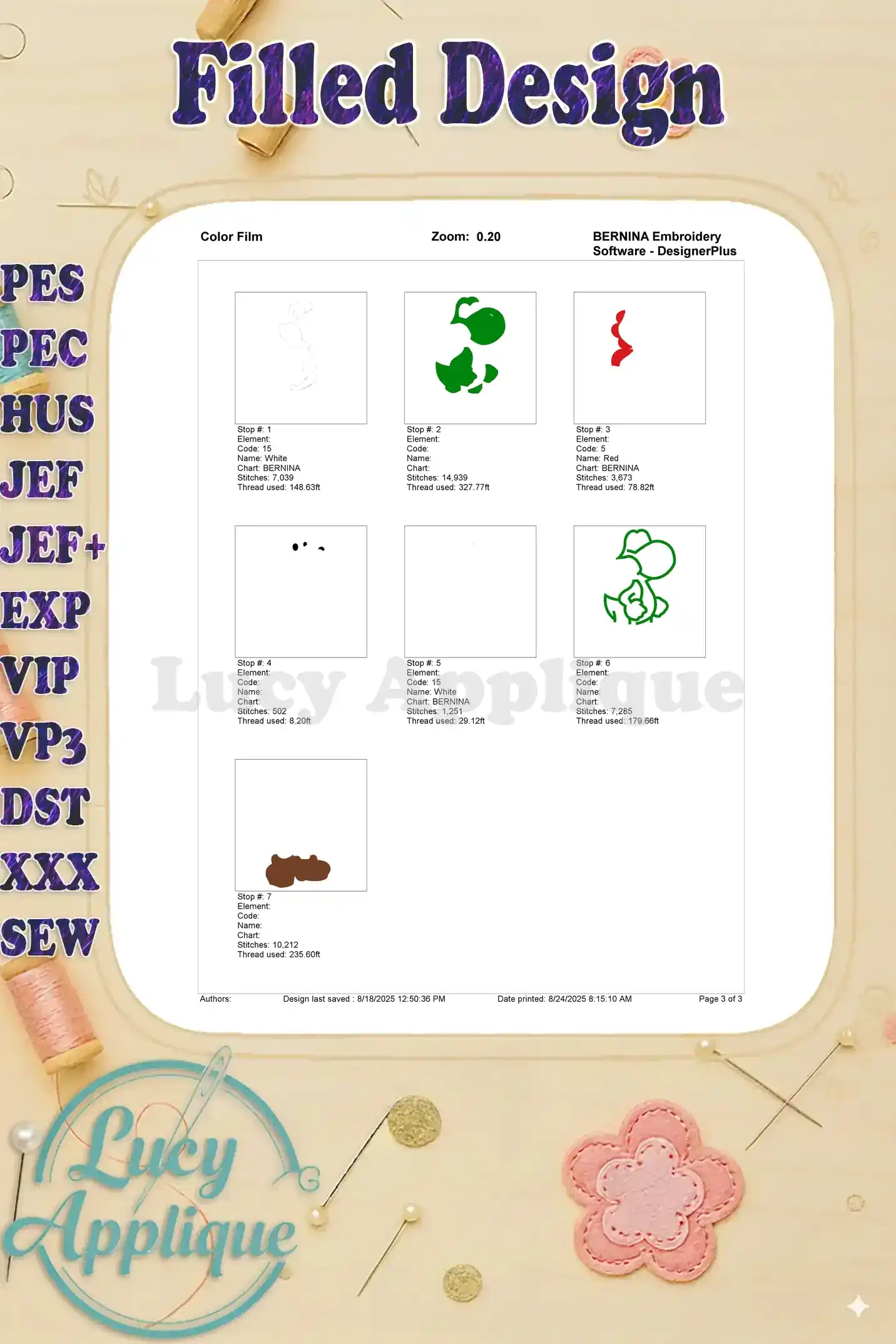 A color film shows the thread colors used in each step of the Yoshi Super Mario embroidery design, with BERNINA software details.