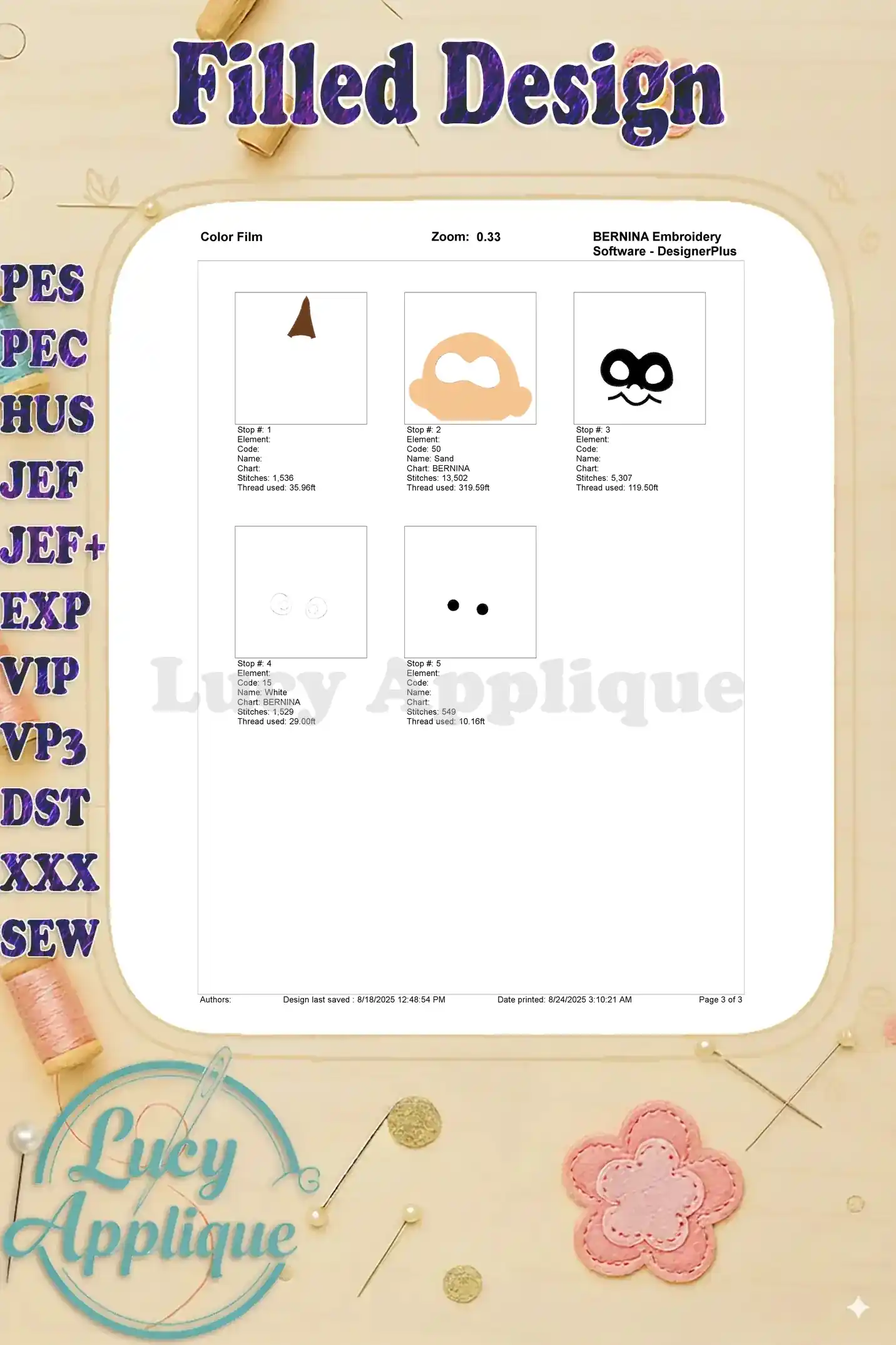 Color film for the Jack Jack Parr Incredibles head embroidery design, showing thread colors and their corresponding stitch areas.