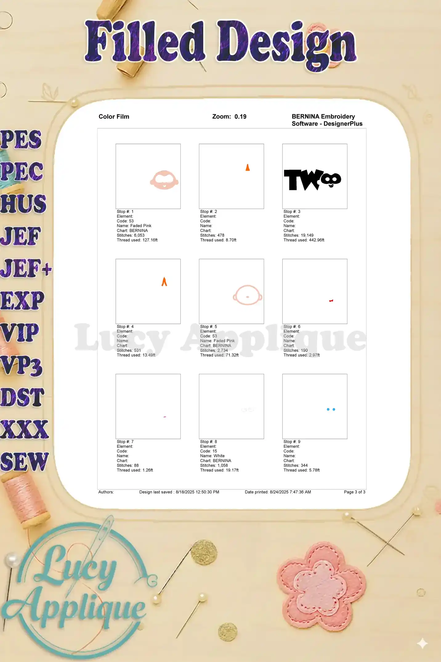 Color film for the Jack-Jack Parr embroidery design, showing each color block and thread used. This visual guide helps with thread selection and organization.