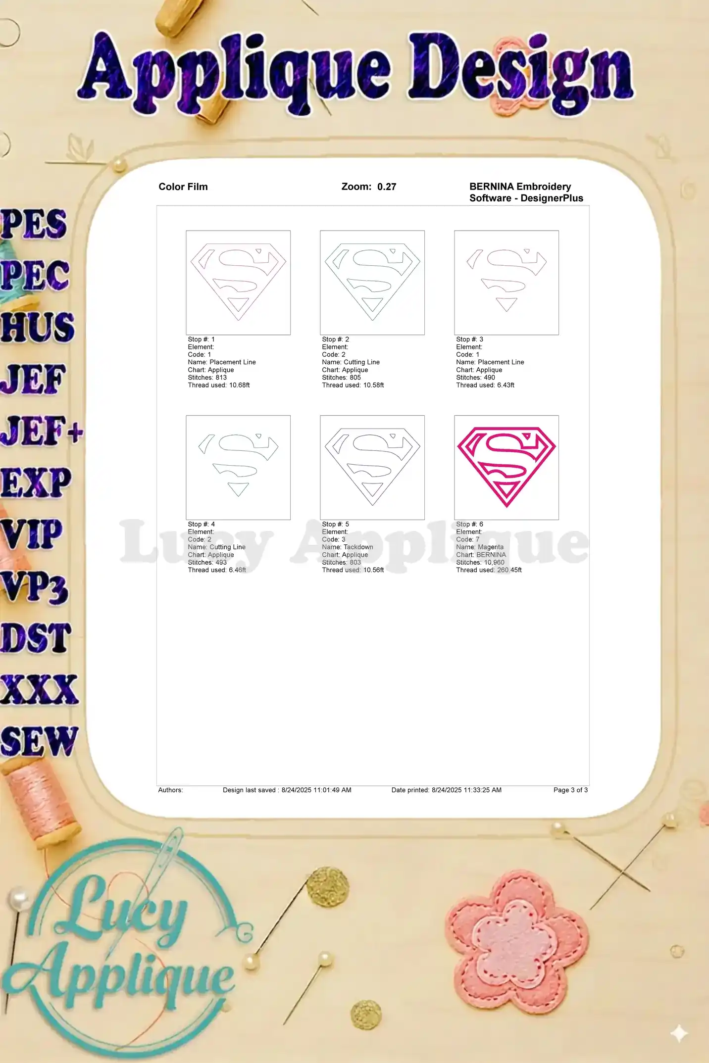 A color film showing the different steps and thread colors involved in creating the Supergirl applique embroidery design.