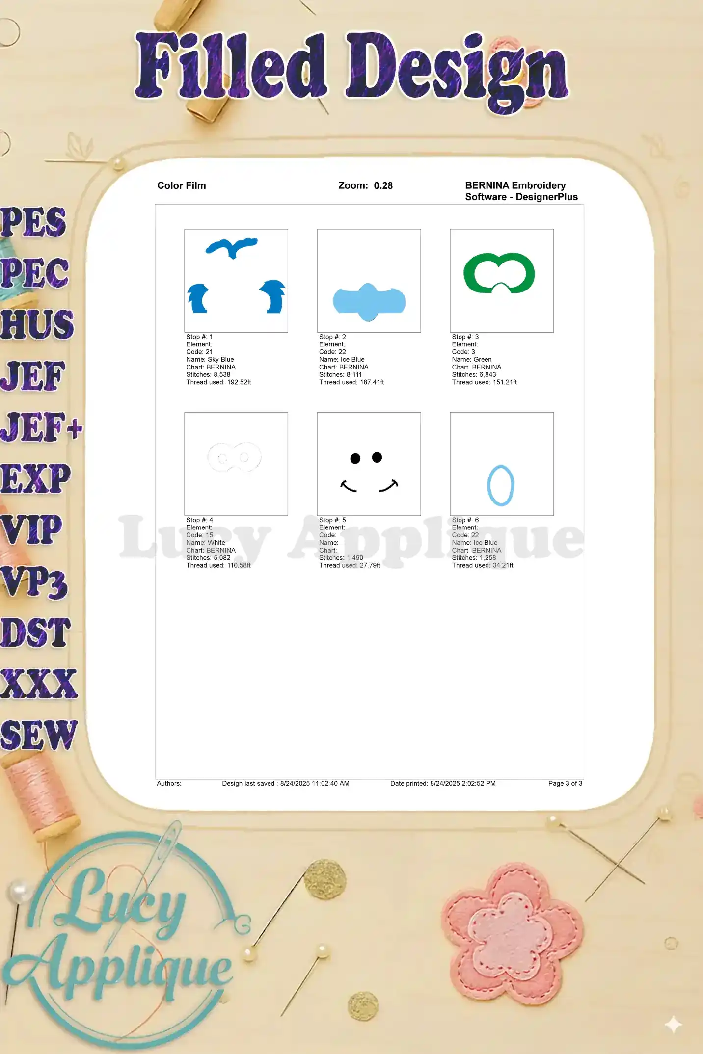 Color film for Gonzo Muppet Baby Head embroidery, showing thread colors and their corresponding stitch stops. Helpful for accurate stitching.