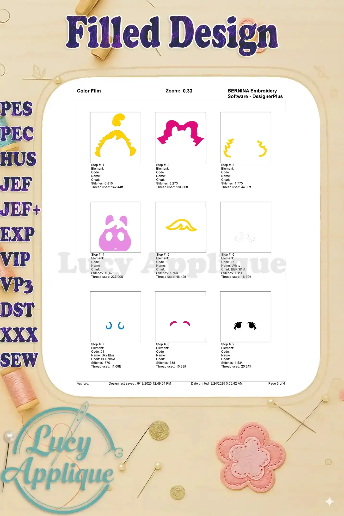 Color film for Miss Piggy embroidery showing thread usage and step-by-step color changes. Useful for embroidery machine users.