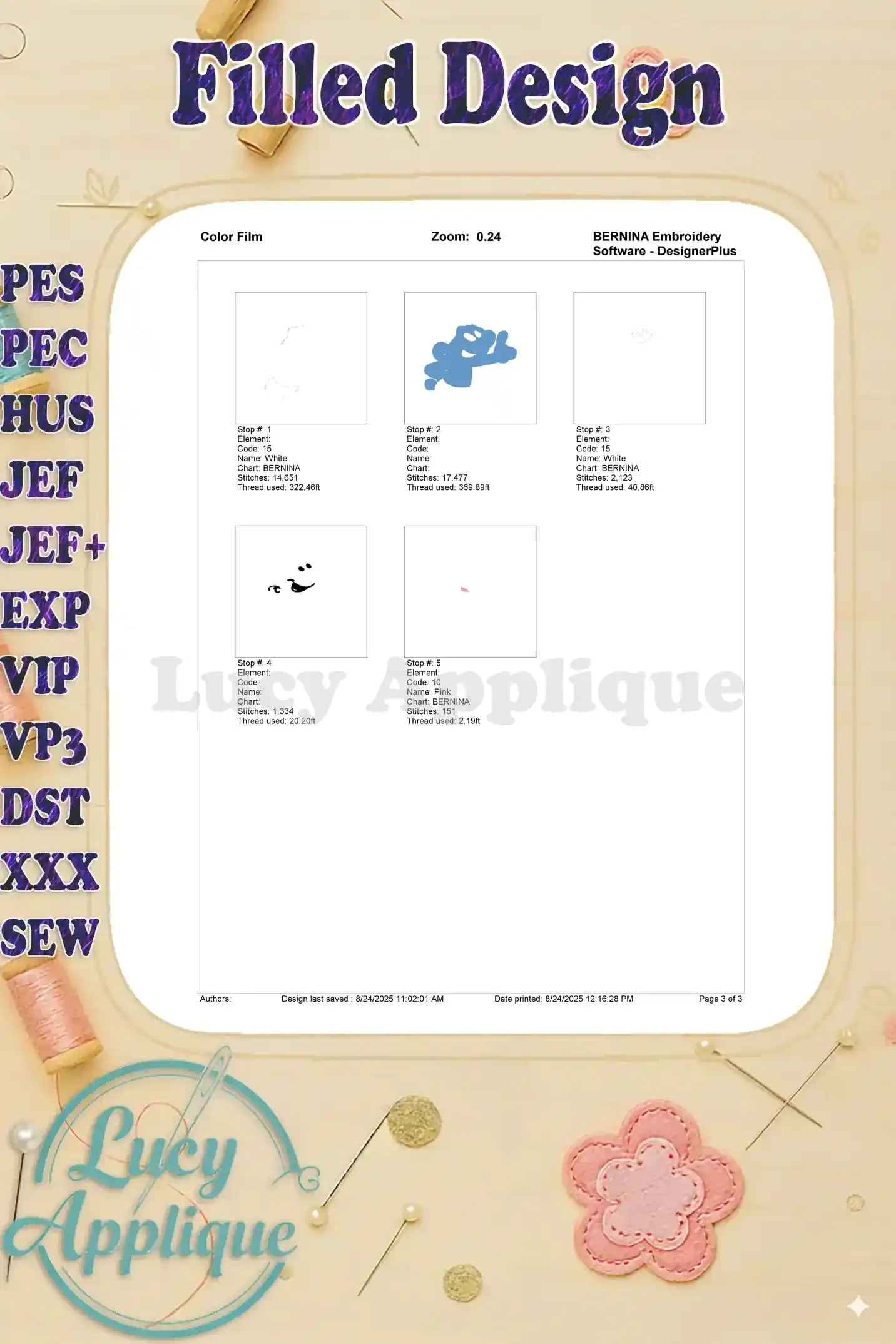 Color film showing the thread colors used in the Brainy Smurf embroidery design. Each color is displayed along with its code and thread number for accurate color matching.