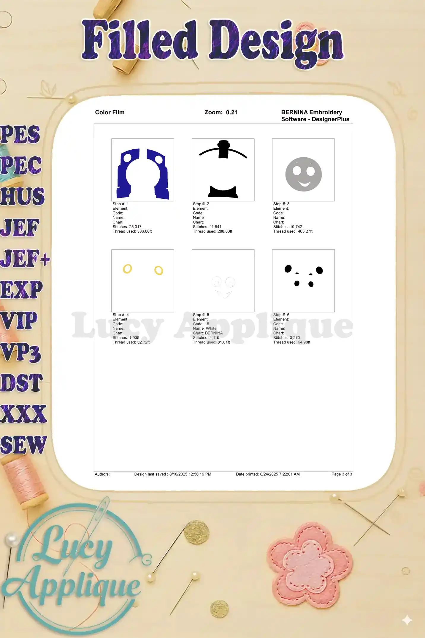 A color film showing the thread colors used in the Thomas the Train embroidery design. Each color is clearly labeled with its corresponding code and thread length.