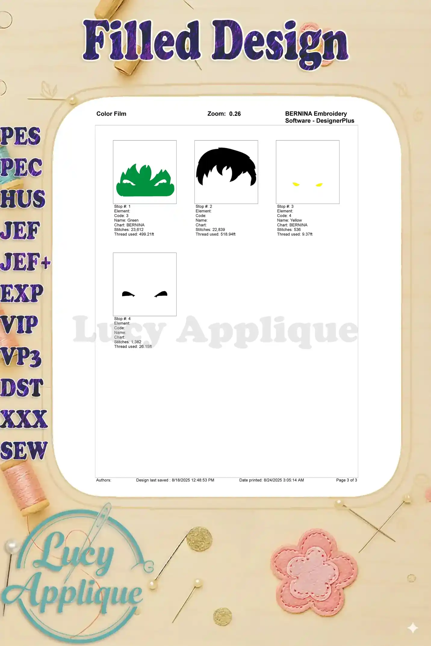 A color film showing the step-by-step process of embroidering the Hulk head design, indicating thread colors and sequence.