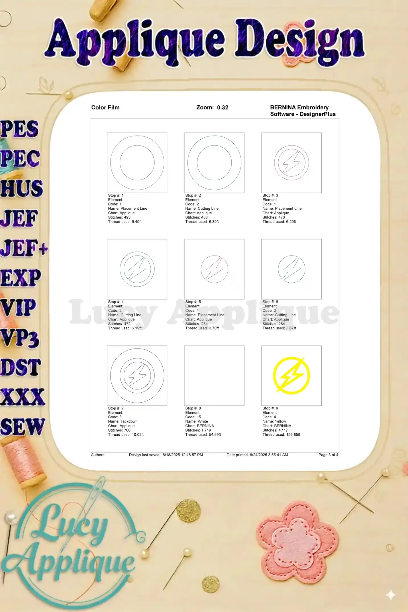 Color film showing steps and thread details for the Flash logo applique embroidery design. This helps users visualize the stitching process.