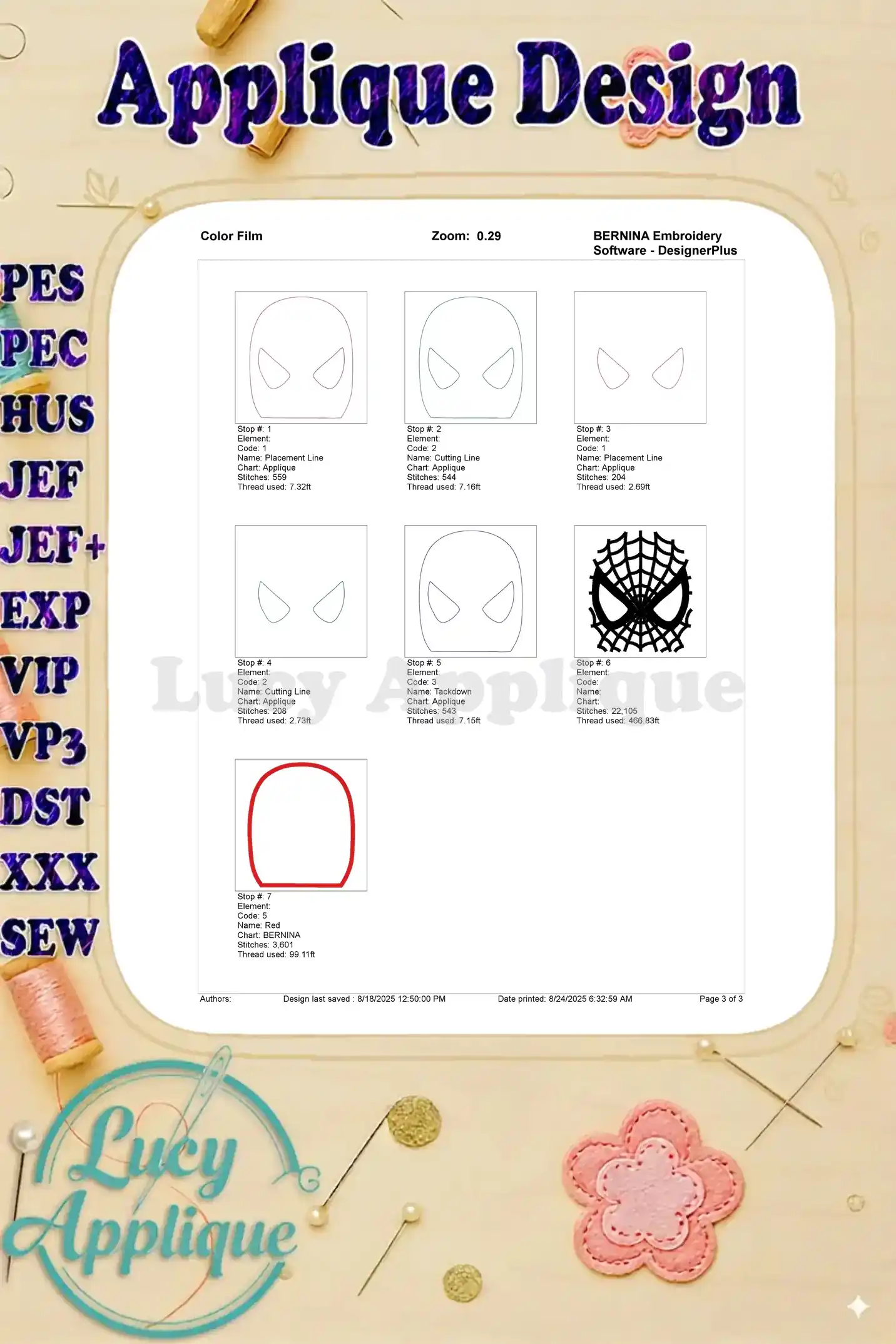 A color film showing individual steps and thread colors for embroidering the Spider-Man applique, offering a visual guide of the process.