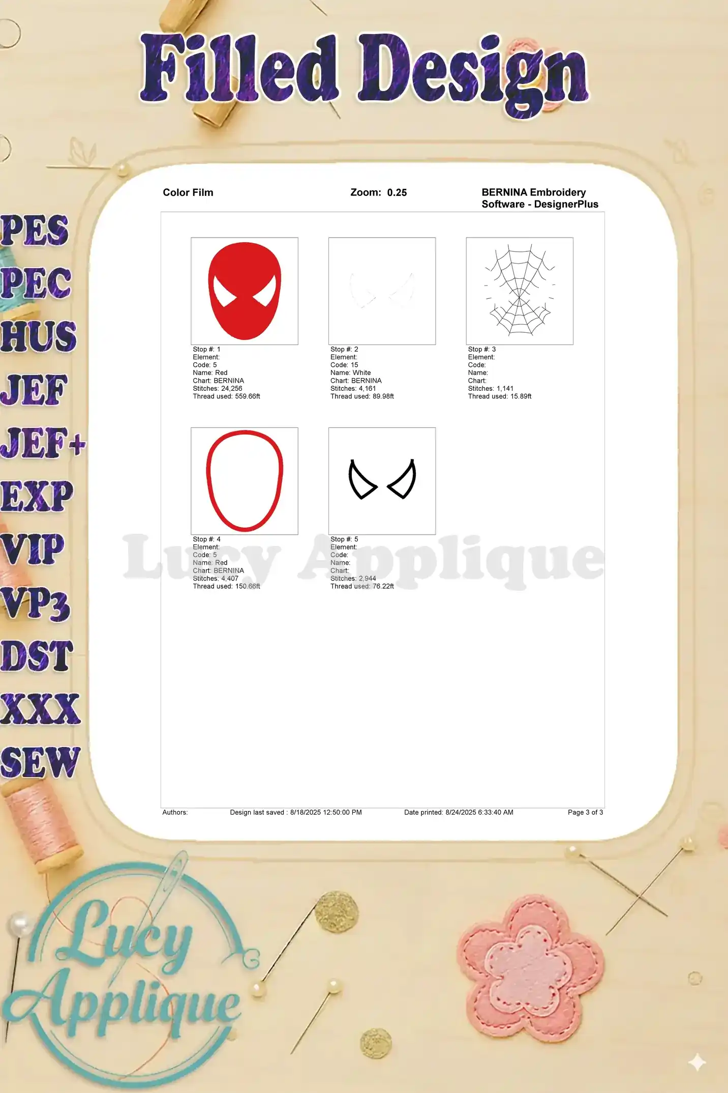 A color film showing the thread colors and their sequence in the Spider-Man head embroidery design. Easy to follow step-by-step visual guide.