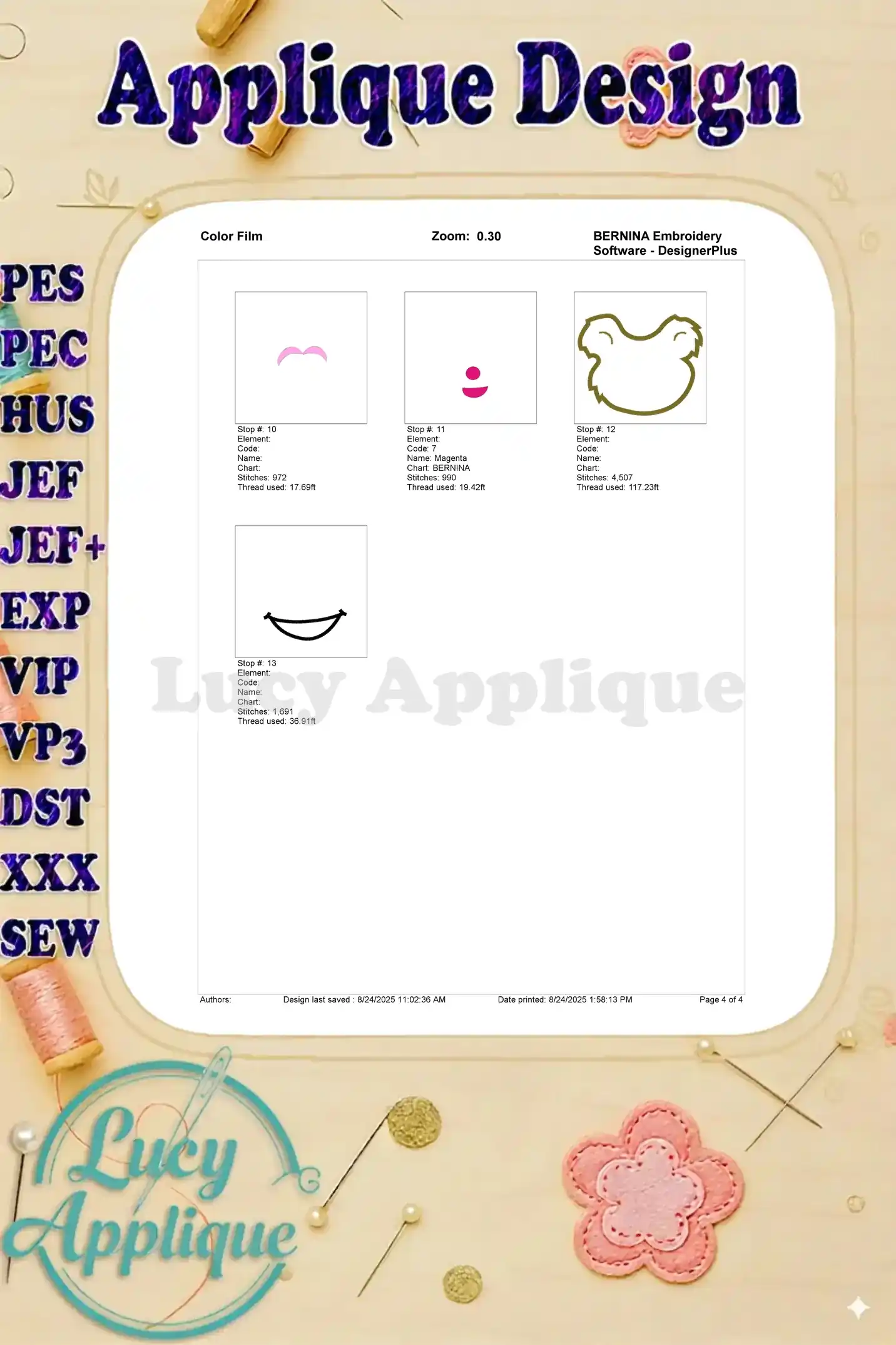 Additional color film pages showing the remaining steps for embroidering the Fozzie Muppet Baby Head applique design.
