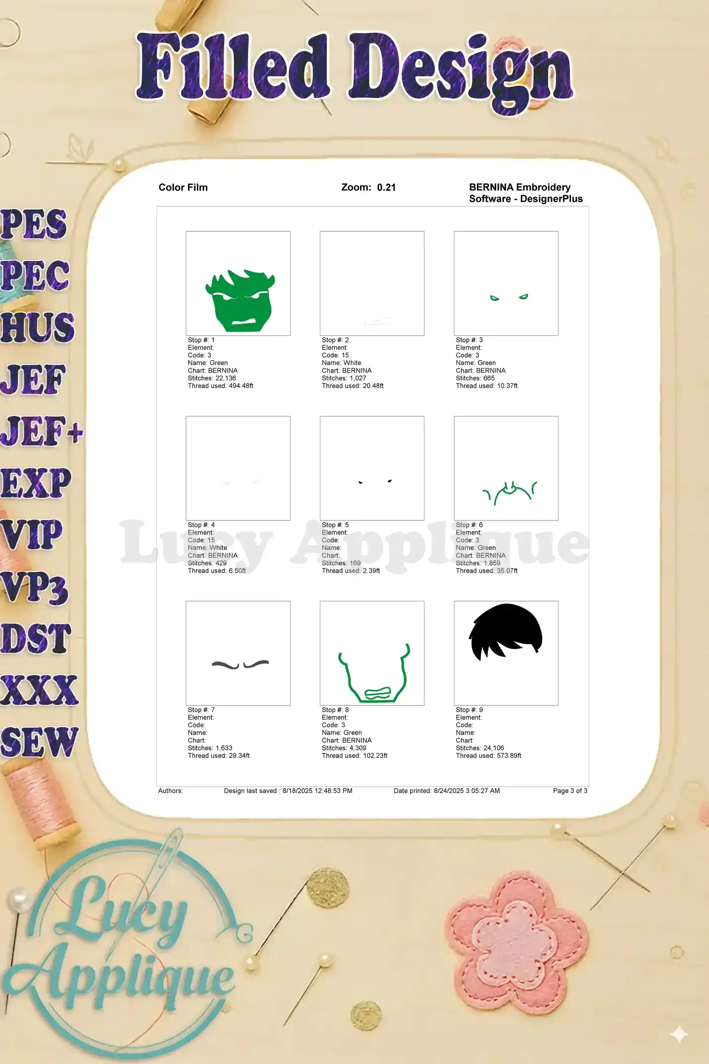 A color film showing the step-by-step process of embroidering the Hulk head design, indicating thread colors and sequence.