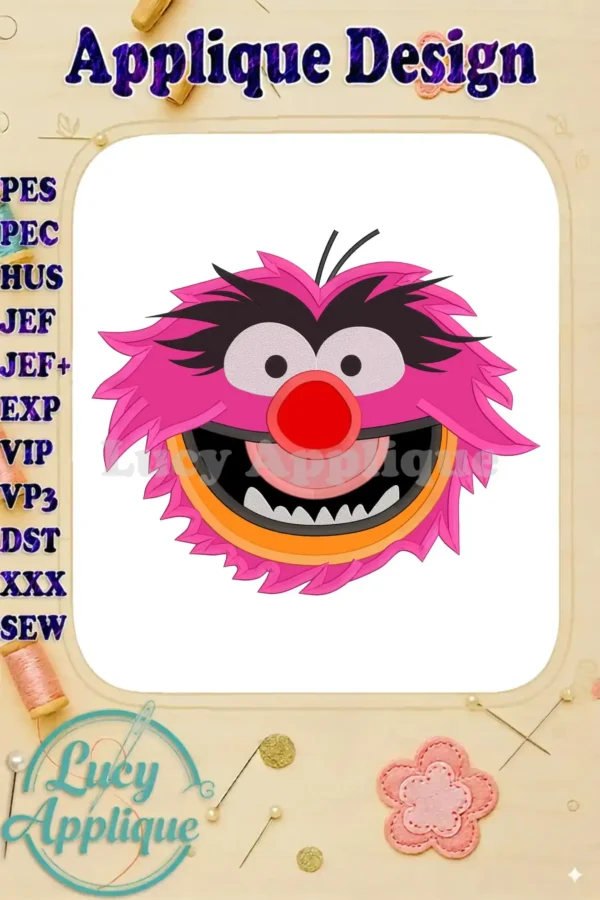 Animal Muppet applique embroidery design. Features pink fur, a red nose, and a cheerful grin. Perfect for adding a fun touch to any project.