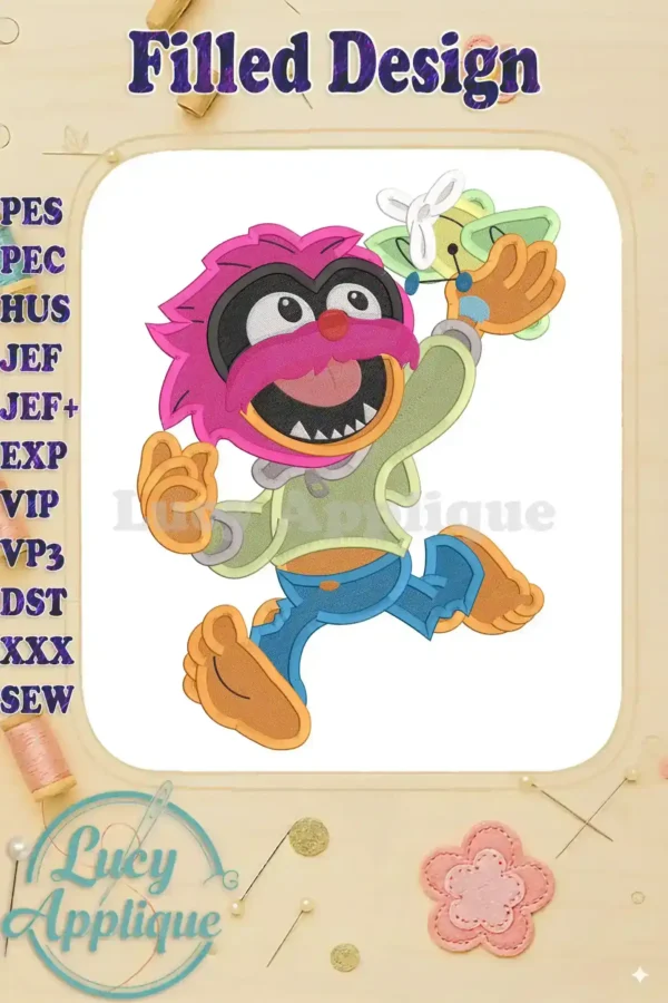 Animal Muppet embroidery design. Features Animal holding a plane, vibrant colors, and filled stitches. Perfect for adding a whimsical touch to your projects.