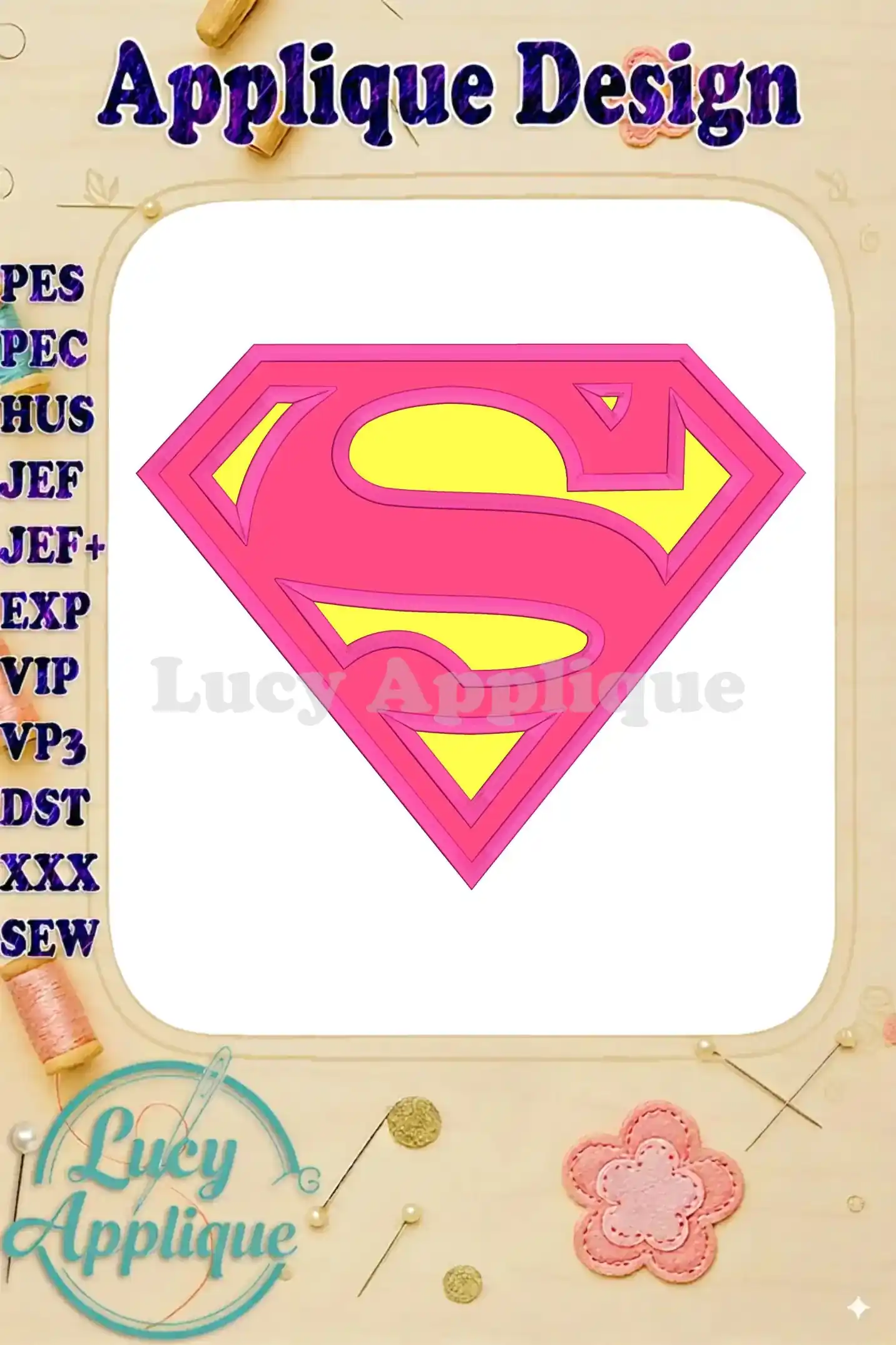 A vibrant pink and yellow Supergirl applique embroidery design, showcasing the iconic 'S' symbol in a diamond shape. The design is ready to be stitched onto various fabrics.