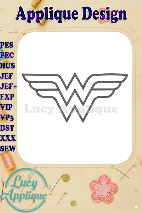 Wonder Woman logo applique design in gray, outlined on a white background with a decorative border. Various embroidery file formats are listed.