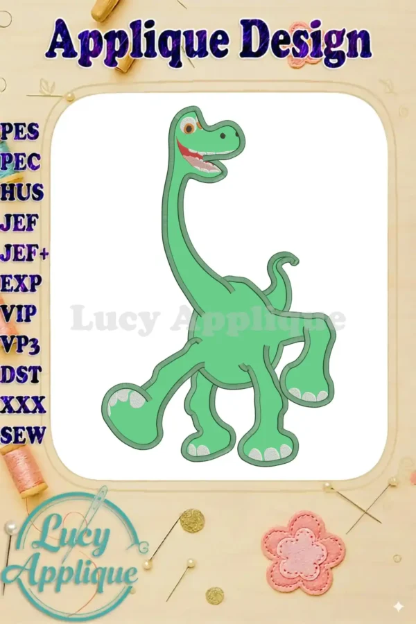 Arlo the Good Dinosaur applique design, a charming green dinosaur in a playful pose. Perfect for adding a whimsical touch to your projects. Download now!