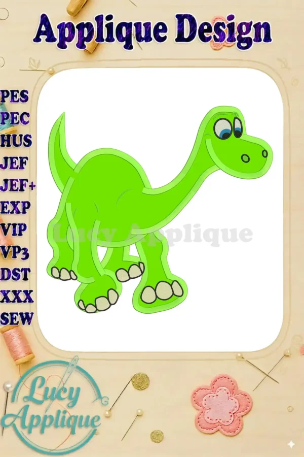 Arlo the Good Dinosaur applique embroidery design, a charming green dinosaur with a long neck and friendly expression. The design is showcased on a white background with various file format options listed.