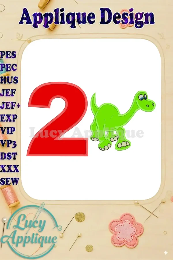 Arlo the Good Dinosaur Birthday applique design, featuring a cheerful number 2 and a friendly dinosaur, perfect for a child's 2nd birthday celebration. Easy to customize!