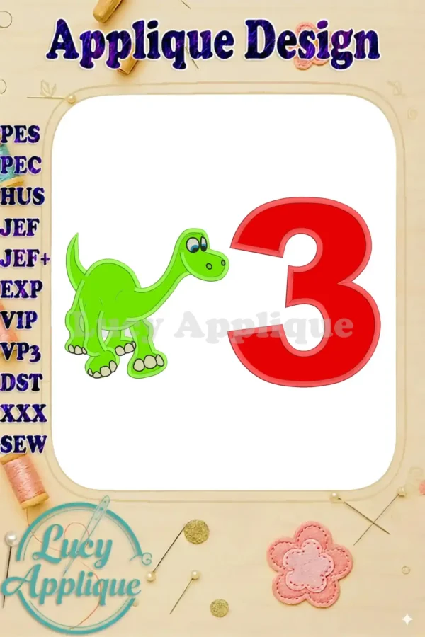 Arlo the Good Dinosaur applique design for a 3rd birthday, featuring a green dinosaur and red number 3. Perfect for embroidery projects!