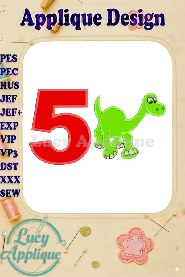 Arlo the Good Dinosaur Birthday Number 5 Applique Design. A charming applique featuring Arlo from the movie, perfect for a 5th birthday celebration.
